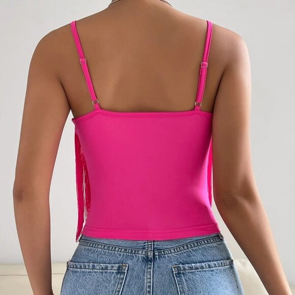 Pink Boho Womens Solid Fringe Trim Cami Top - Picture 2 of 5